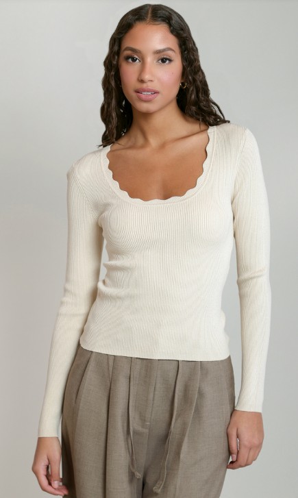 Dex Scalloped Neckline Sweater Top